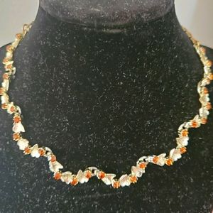 Vintage goldtone leaves necklace brown rhinestones